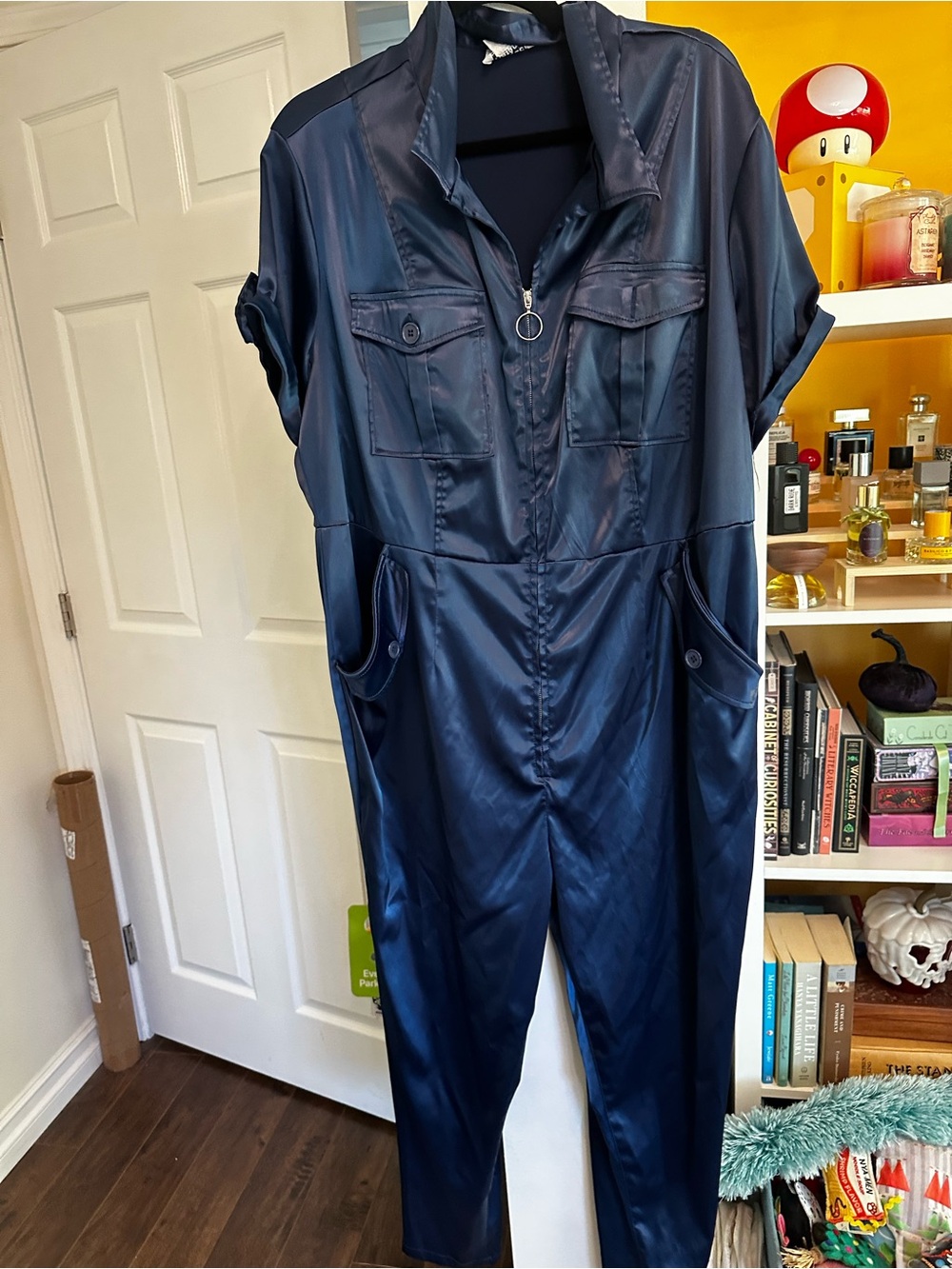 Women’s Navy Satin Jumpsuit with Front Zip